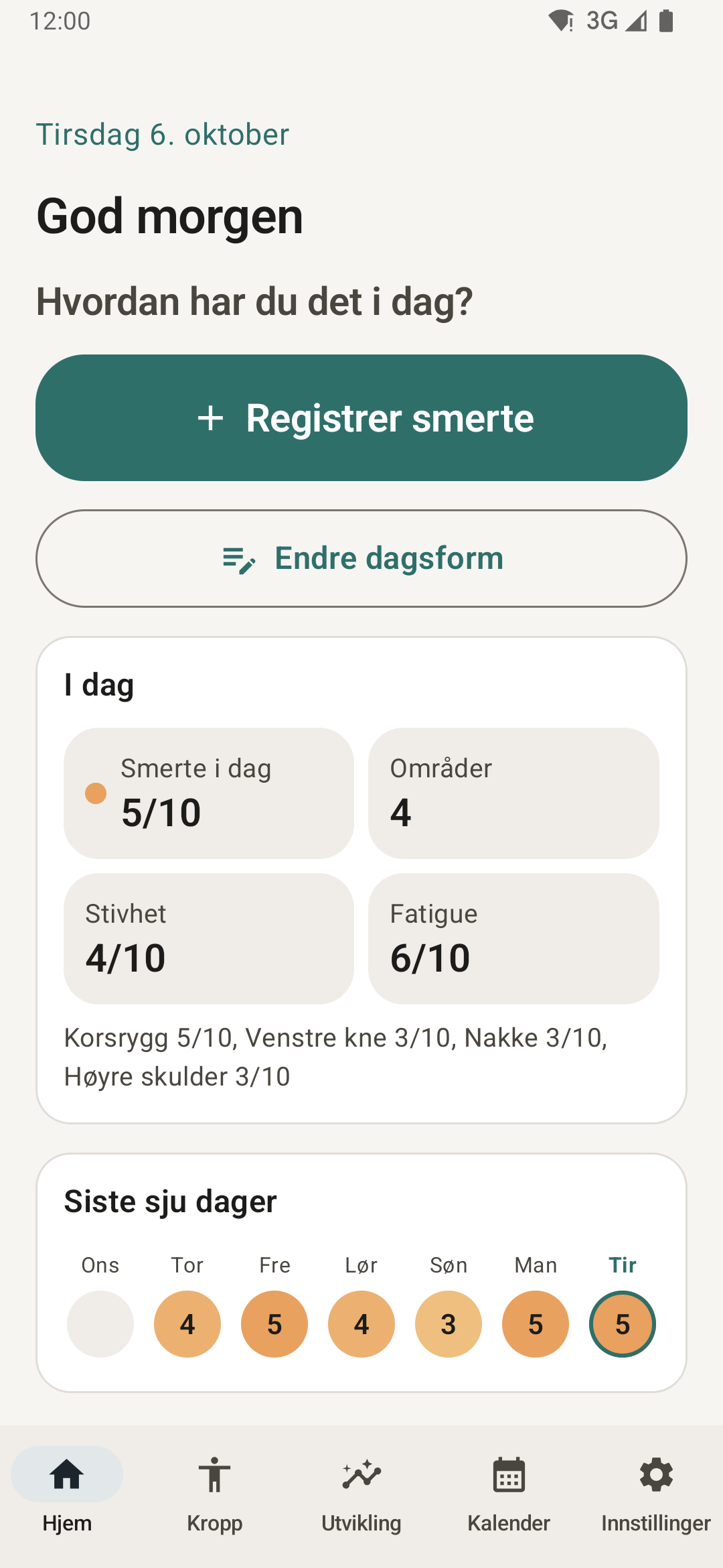 Hjem-skjermen med dagens smerte, områder og siste sju dager